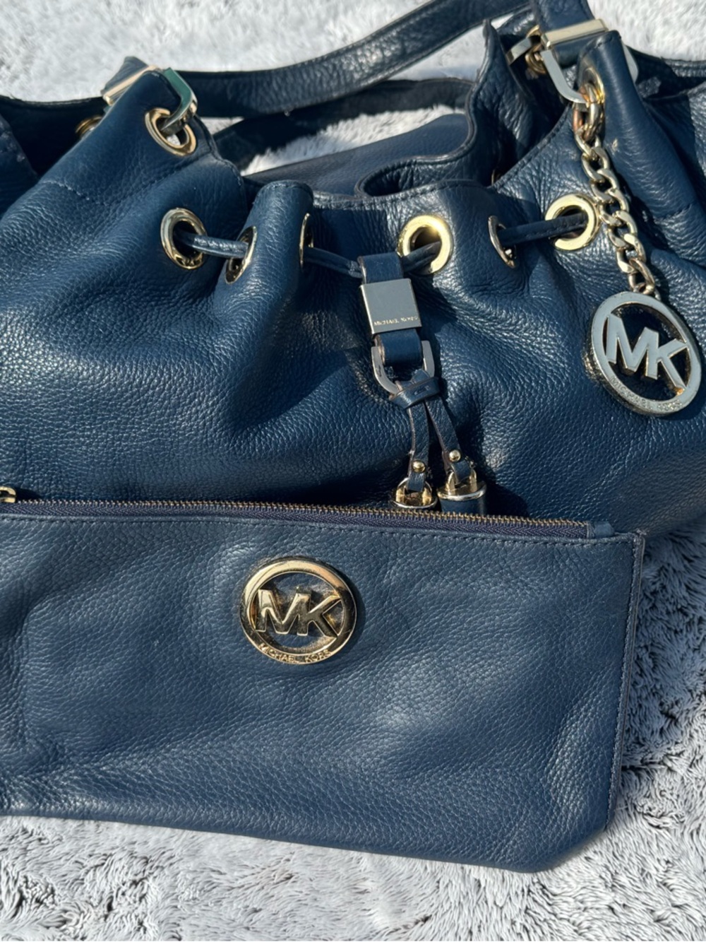 Michael Kors Navy Pebbled Leather Drawstring Shoulder Bag with Matching Wristlet